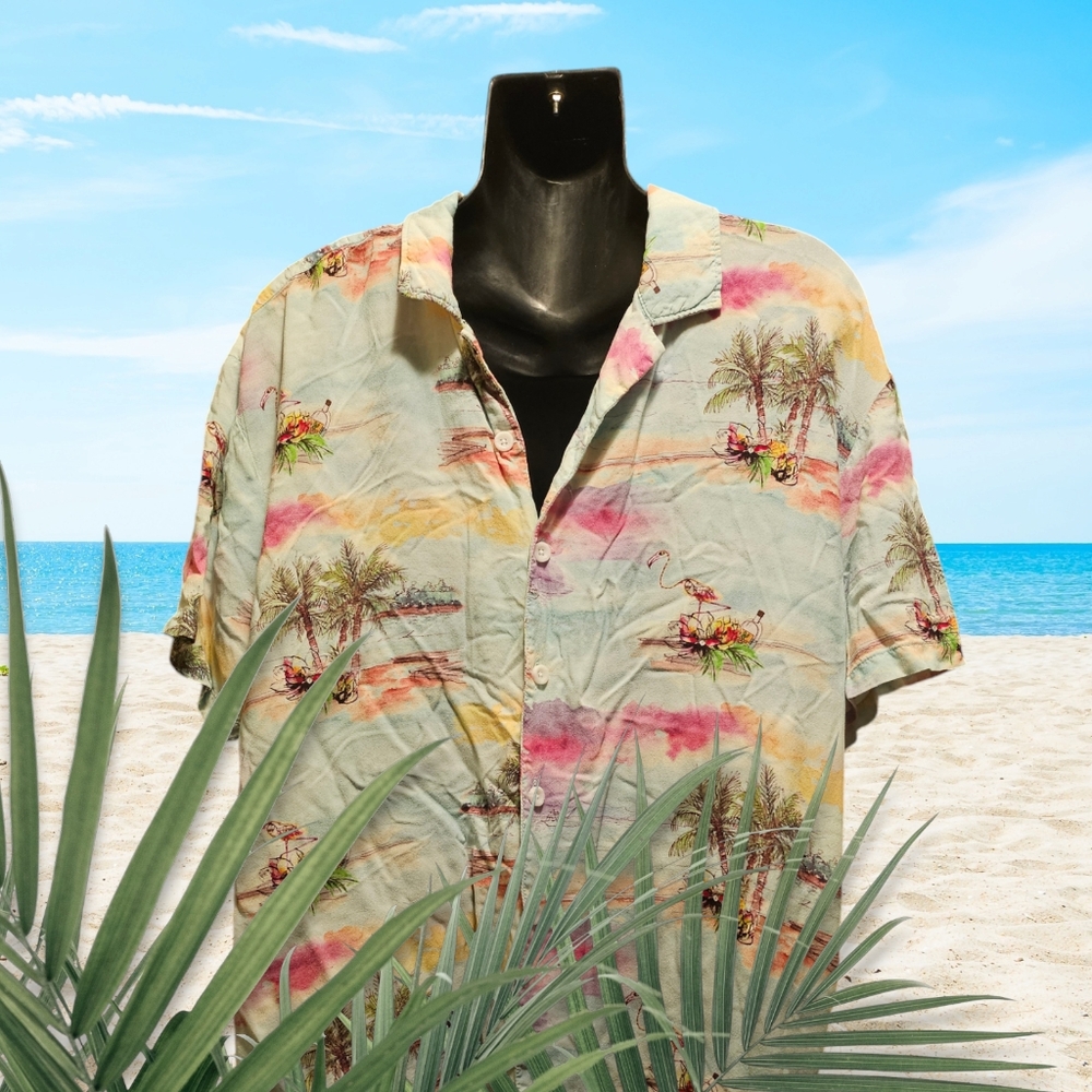 The Coolest Men's Hawiian Vacation Flamingo Palm Trees Shirt